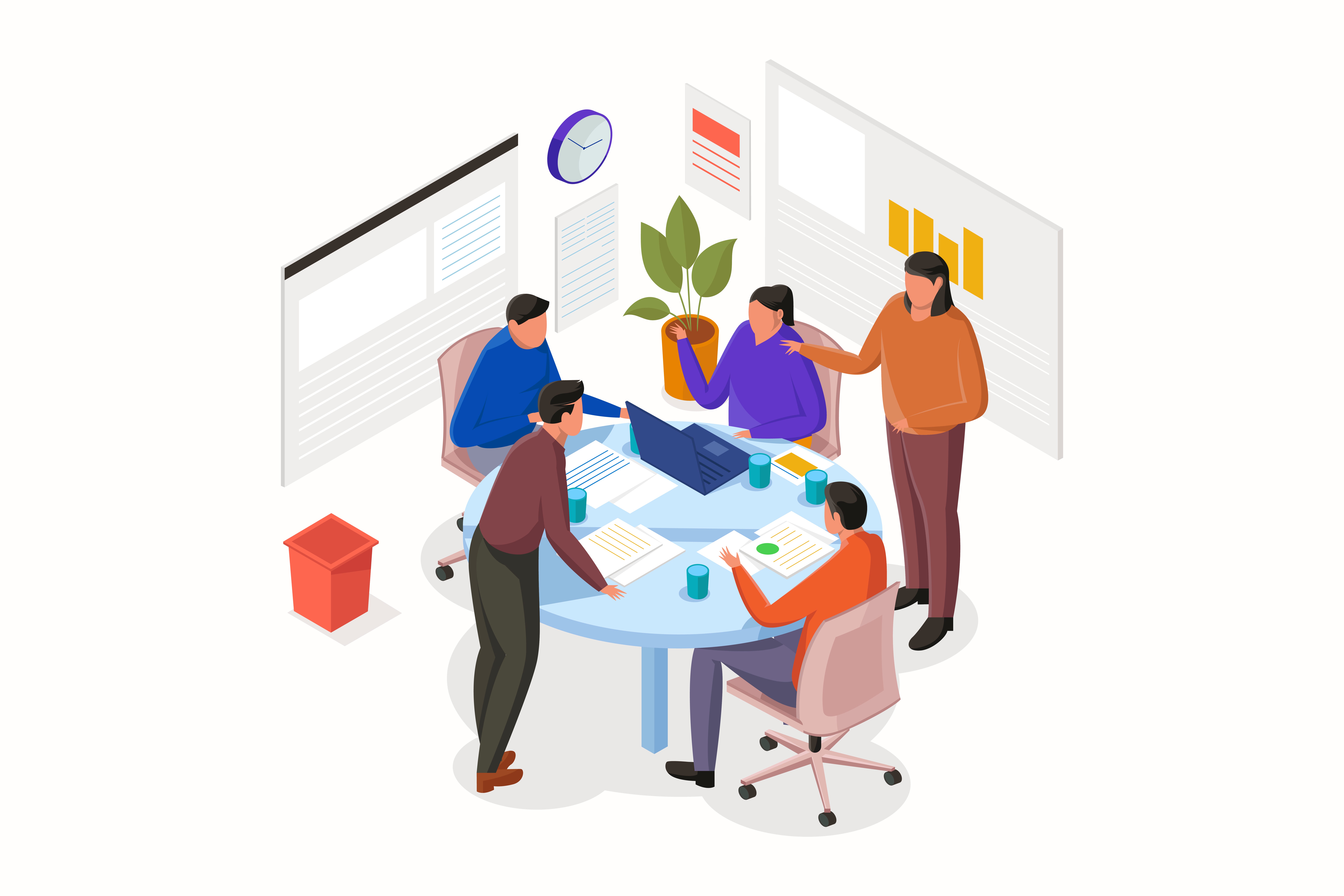 Five coworkers gather around a round table with a laptop and papers, discussing in an office with boards.